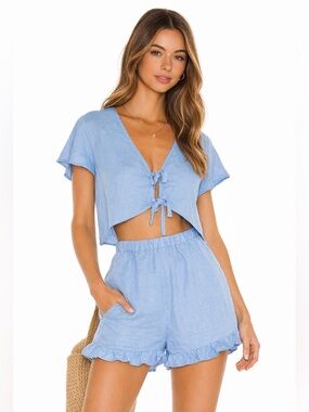Daily Story Blue Linen Two Piece Set Tie Front Top Ruffle Shorts Medium